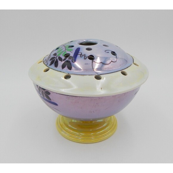 Lusterware Flower Frog Rim Domed Hand Painted Japan Birds Leaves Purple Green - Picture 5 of 16